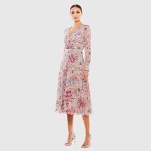 Mac Duggal 9147 NWT Multicolor Hand Embellished Floral Long Sleeve Midi Dress